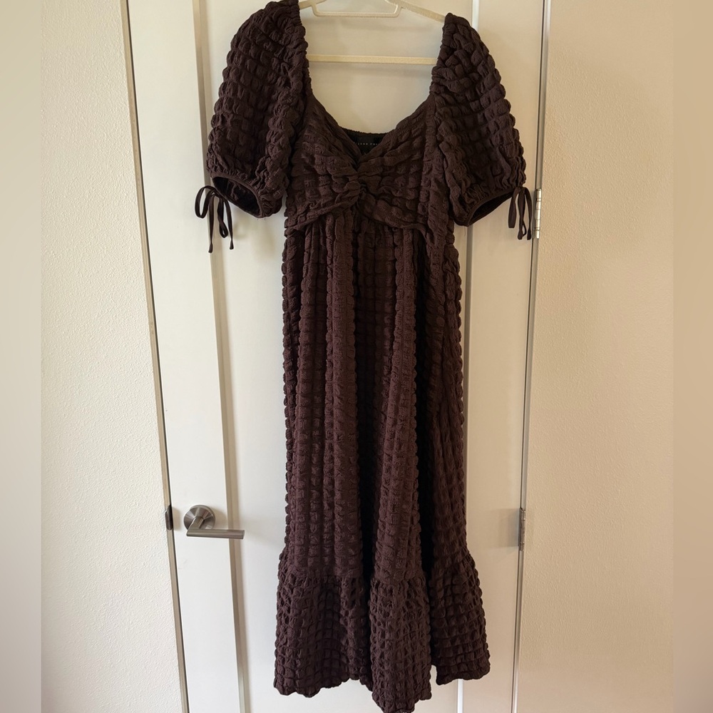 Endless Rose Chocolate Brown Textured Puff Sleeve Midi Dress Size Large
